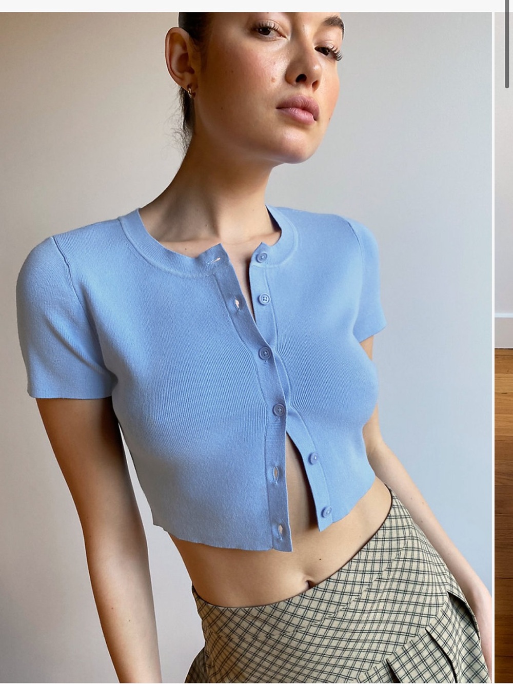 Aritzia Sunday best Light Blue Short-Sleeve Button Front Crop Top